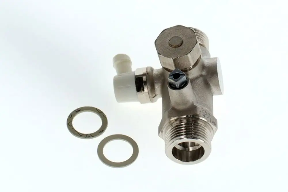 Bosch Wartungshahn aus Metall mit zwei Anschlüssen für Rohrleitungen und einer abnehmbaren Kappe. Inklusive zwei Dichtungen aus Gummi.